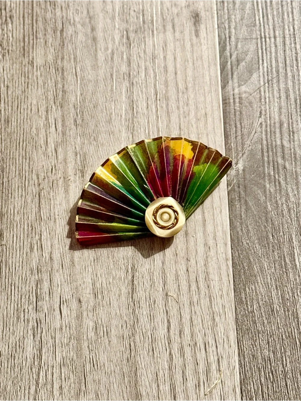 Colorful Folded Fan Brooch with Gold Accent